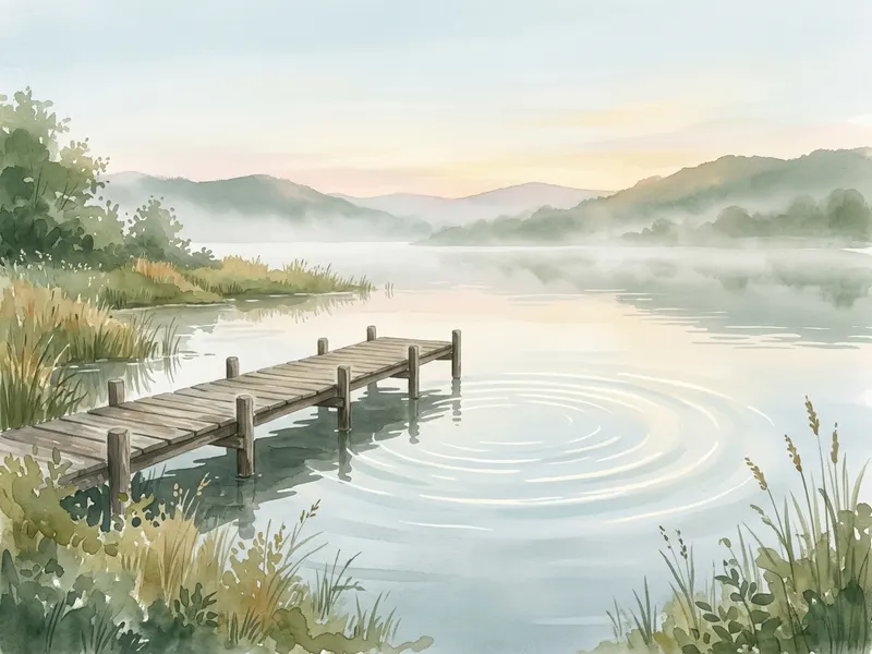 Mặt hồ yên lúc chiều tối, gợn sóng ánh sáng lan ra nhẹ nhàng