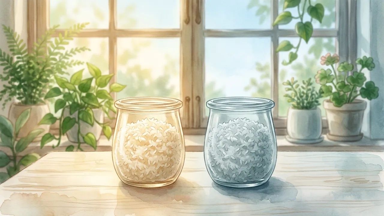 Hai hũ cơm trắng cạnh nhau: một hũ trong nắng ấm vàng dịu, một hũ trong bóng râm xám lạnh